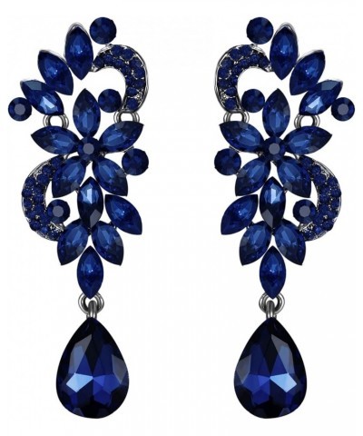 Women's Bohemian Boho Crystal Flower Wedding Bridal Chandelier Teardrop Bling Clip-On Dangle Earrings 03-Navy Blue Black-Tone...