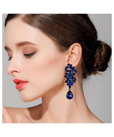 Women's Bohemian Boho Crystal Flower Wedding Bridal Chandelier Teardrop Bling Clip-On Dangle Earrings 03-Navy Blue Black-Tone...