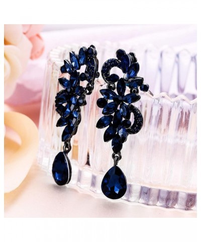 Women's Bohemian Boho Crystal Flower Wedding Bridal Chandelier Teardrop Bling Clip-On Dangle Earrings 03-Navy Blue Black-Tone...