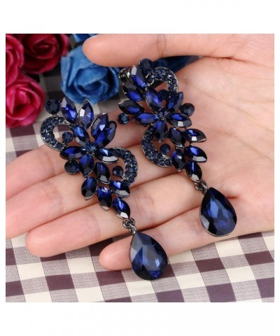 Women's Bohemian Boho Crystal Flower Wedding Bridal Chandelier Teardrop Bling Clip-On Dangle Earrings 03-Navy Blue Black-Tone...