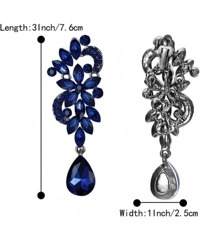 Women's Bohemian Boho Crystal Flower Wedding Bridal Chandelier Teardrop Bling Clip-On Dangle Earrings 03-Navy Blue Black-Tone...