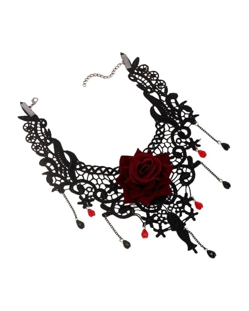 Gothic Black Lace Red Rose Flower Choker Necklace for Women $4.43 Necklaces