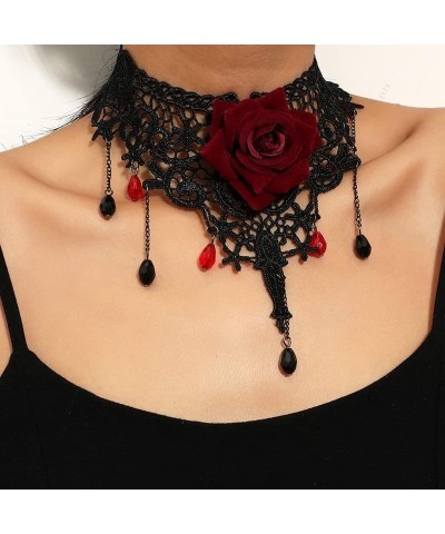 Gothic Black Lace Red Rose Flower Choker Necklace for Women $4.43 Necklaces