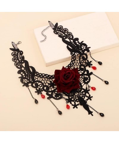 Gothic Black Lace Red Rose Flower Choker Necklace for Women $4.43 Necklaces