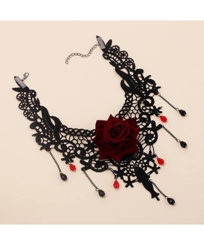 Gothic Black Lace Red Rose Flower Choker Necklace for Women $4.43 Necklaces