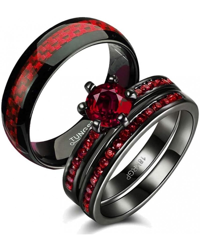 Two Rings His and Hers Wedding Ring Sets Couples Rings Women's 2PC Black Gold Filled Red Agate Cubic Zirconia Wedding Engagem...