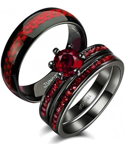 Two Rings His and Hers Wedding Ring Sets Couples Rings Women's 2PC Black Gold Filled Red Agate Cubic Zirconia Wedding Engagem...