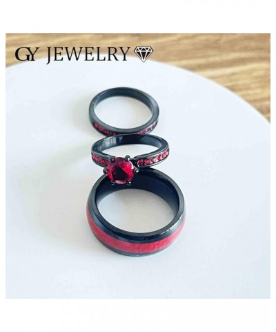 Two Rings His and Hers Wedding Ring Sets Couples Rings Women's 2PC Black Gold Filled Red Agate Cubic Zirconia Wedding Engagem...