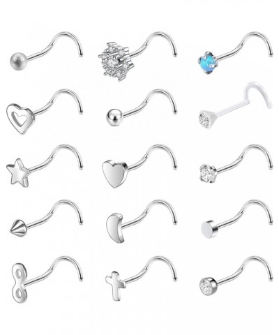 15Pcs Nose Rings for Women - 20G Stainless Steel L Shape Screw Nose Piercings Jewelry Black Nose Studs Rings Silver Corkscrew...