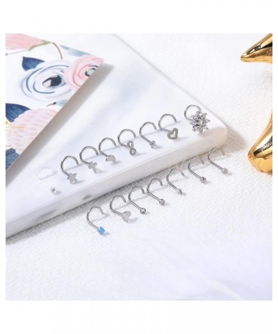 15Pcs Nose Rings for Women - 20G Stainless Steel L Shape Screw Nose Piercings Jewelry Black Nose Studs Rings Silver Corkscrew...