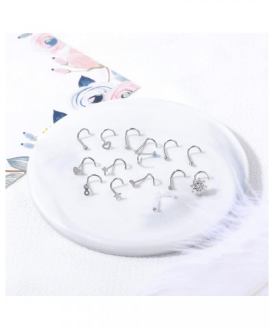 15Pcs Nose Rings for Women - 20G Stainless Steel L Shape Screw Nose Piercings Jewelry Black Nose Studs Rings Silver Corkscrew...