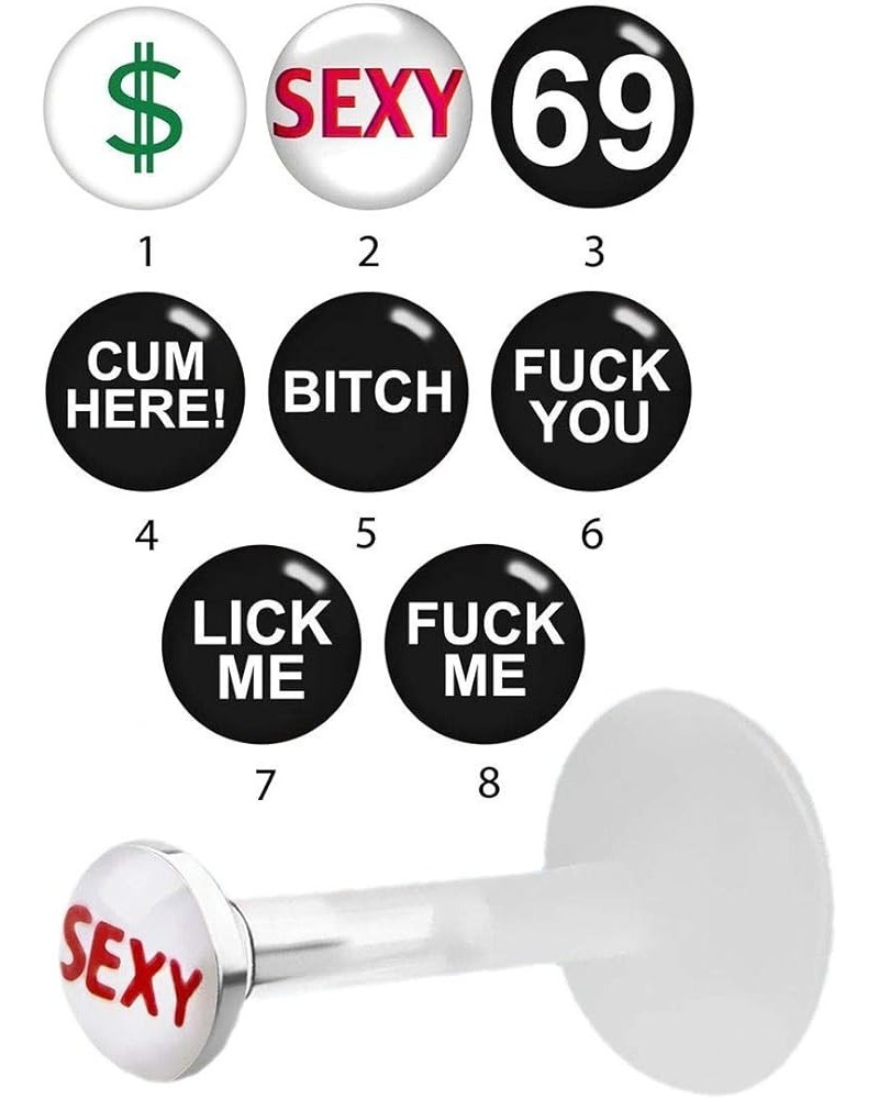 Clear PTFE Flexi Tragus Labret Chin Piercing 16g with a 3mm Flat Silver Tops LOGO: FUCK ME $8.67 Body Jewelry