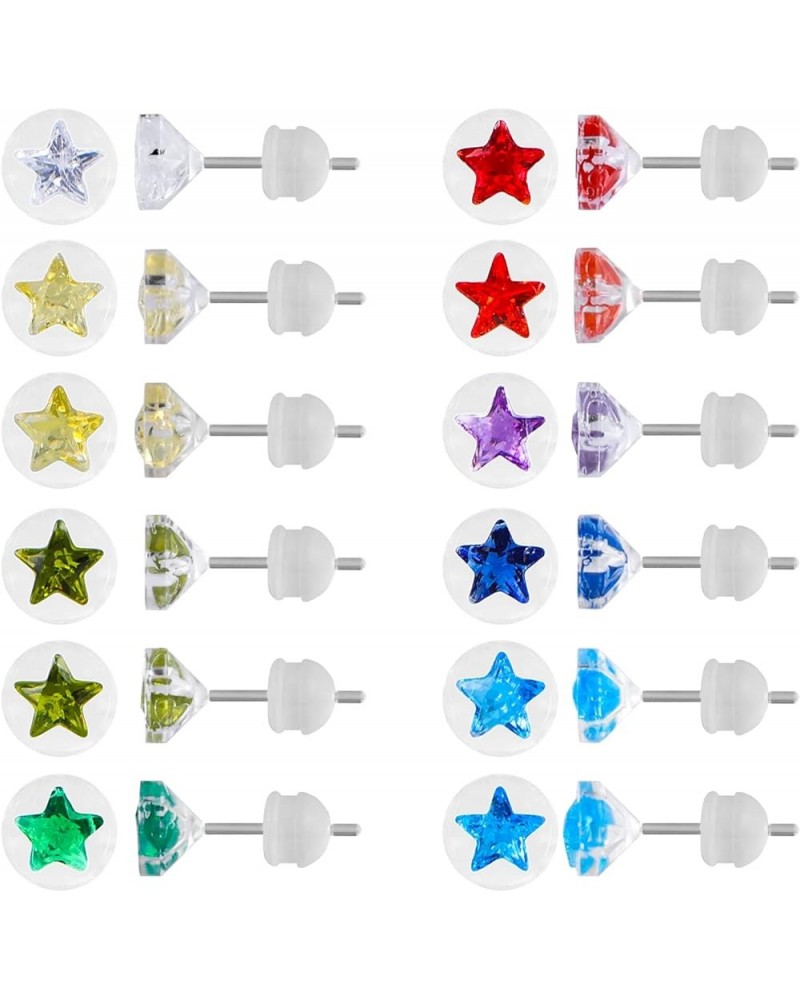 12 Pairs Plastic Earrings for Sensitive Ears, Plastic Post Stud Earrings, Star Heart Birthstone Cubic Zirconia CZ Stud Earrin...