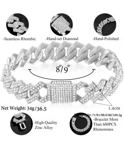 Miami Cuban Link Chain for Men 14mm Diamond Iced Out Cuban Link Chain Necklace Bracelet Hip Hop Jewelry Mens Women silver 9in...