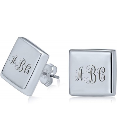 Personalized ABC Initials Letters Monogram Alphabet Geometric Round Square Flat Disc Stud Earrings For Women .925 Sterling Si...