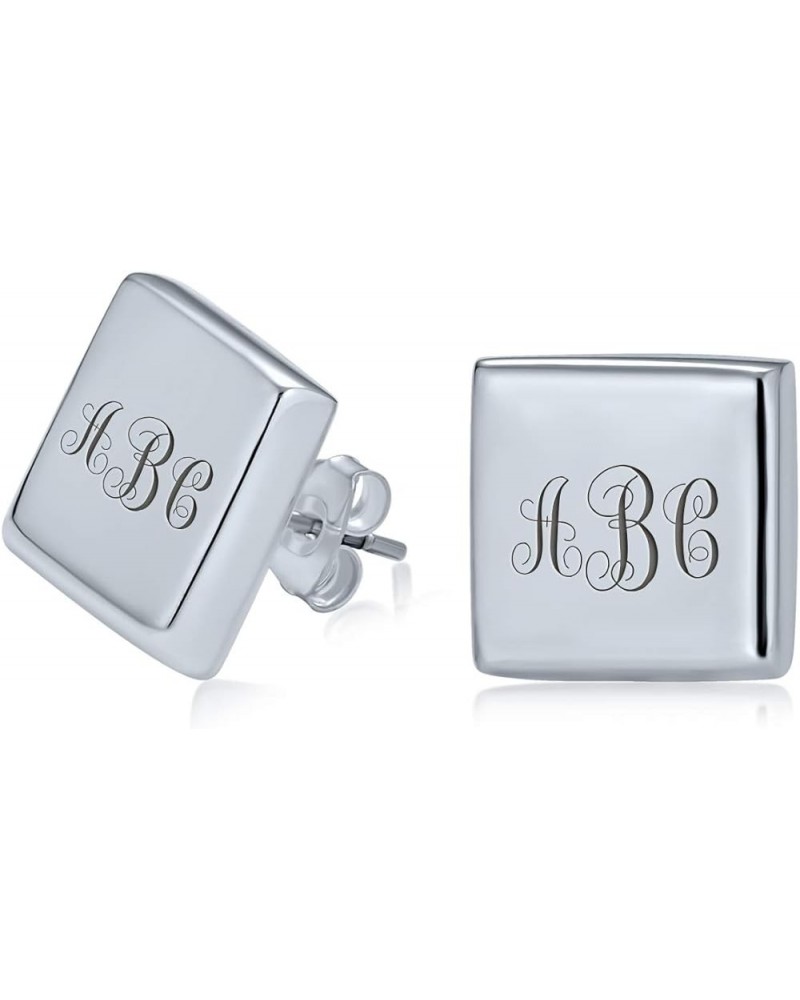 Personalized ABC Initials Letters Monogram Alphabet Geometric Round Square Flat Disc Stud Earrings For Women .925 Sterling Si...