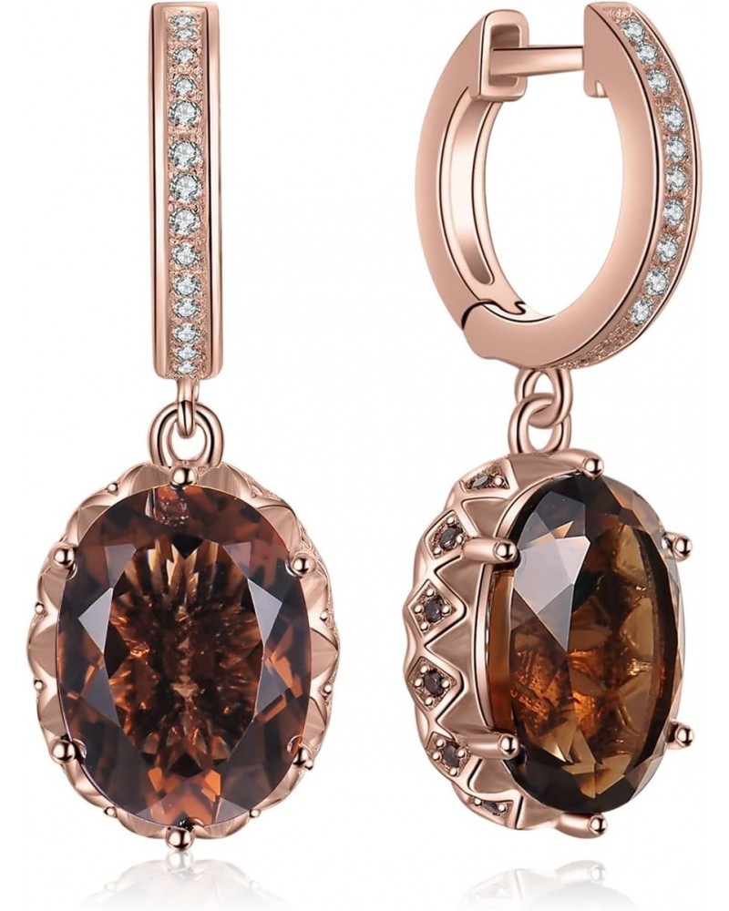 Huge 7.2ct Oval Shape Natural Smoky Quartz Dangle Drop Earrings for Women, 14K Rose Gold Plated 925 Sterling Silver Huggie Ho...