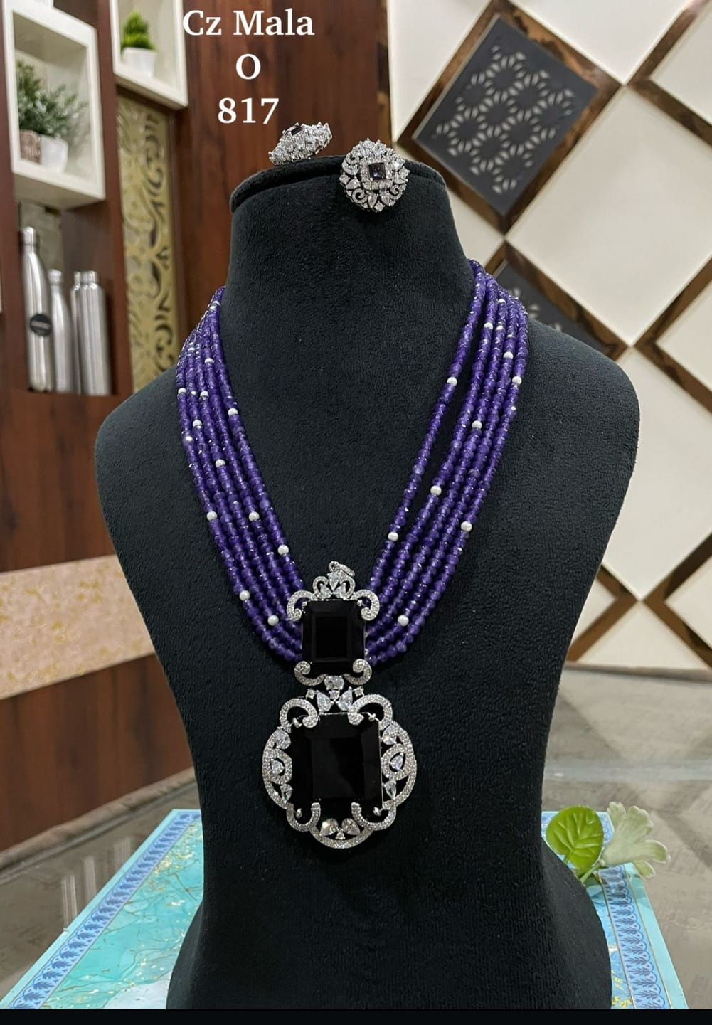 Beautiful Purple Monalisa Beads Haram With Victorian Finish Pendent And Earrings