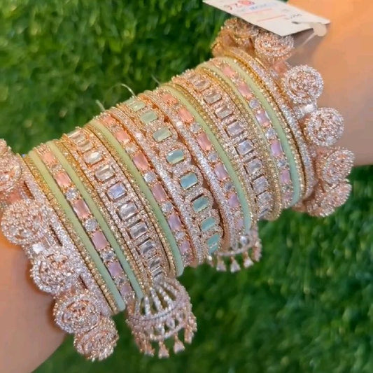 Rose Gold Designer AD Work Jhumka Bangles Set