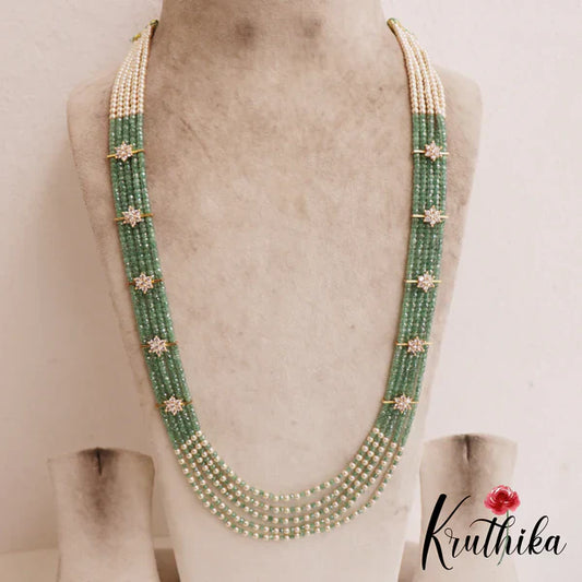 Sparkling Multi Layered crystal & Pearl statement Haaram with floral accents